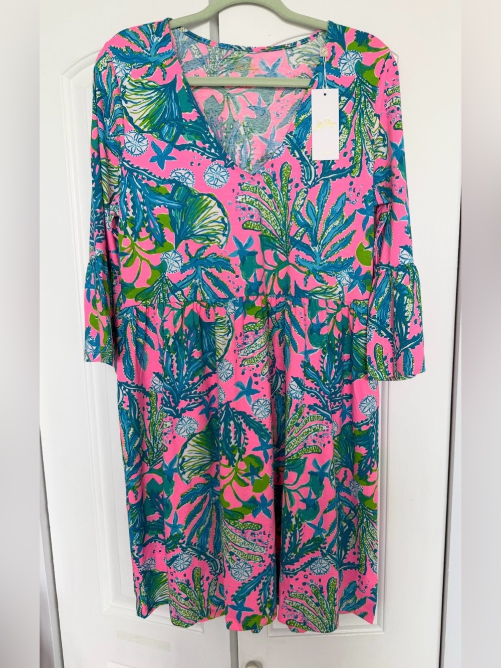 Lilly Pulitzer Jannie V-Neck 3/4 Sleeve Dress MANDEVILLA BABY Hip size L New!